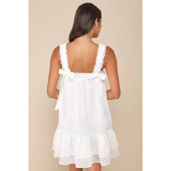 NWT Lulus Sensationally Precious White Bow Ruffled Mini Shift Dress NEW - Picture 2 of 7